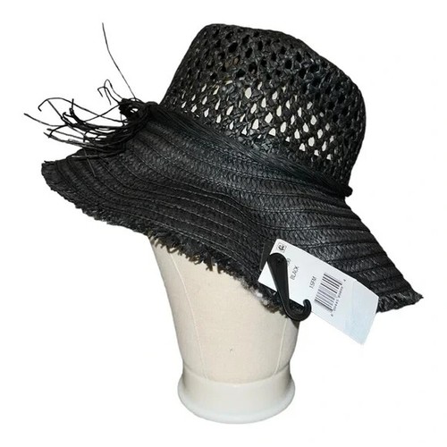 Steve Madden Womens Open Weave Straw Bucket Hat Black One Size New - Picture 4 of 8