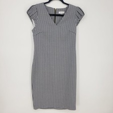Calvin Klein Gingham Plaid Sheath Dress 8 Cap Sleeves V Neck Black Blue Career