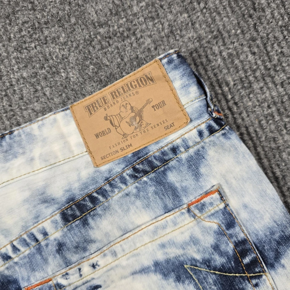 True Religion Jeans Mens 40 Blue White Bleach Acid Wash Slim Tie Dye Denim - Image 3 of 4