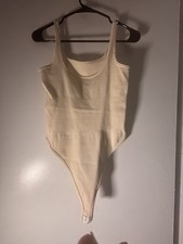 Beige Ribbed Stretch Sleeveless Bodysuit One Size Mild Compression Snap Crotch