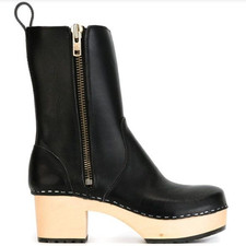 Swedish Hasbeens Zip It Plateau Black Leather Boots EU 38 430