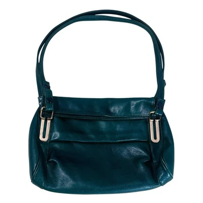 Minimal Dark Green Leather Shoulder Bag 2Way Gold Hardware Small Handbag - Image 1 of 4