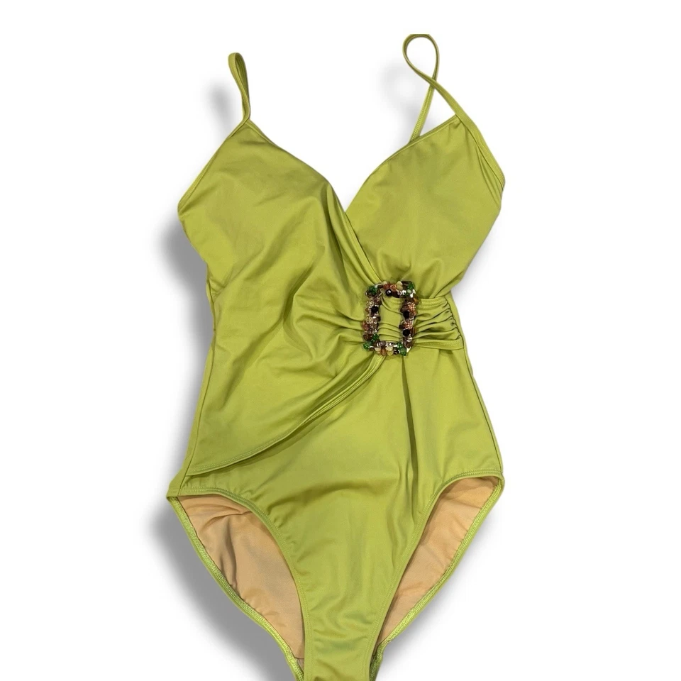 Traje de baño Shape FX verde con cuentas de una pieza control de barriga acanalado talla 8 alto costero Foto 4 de 4