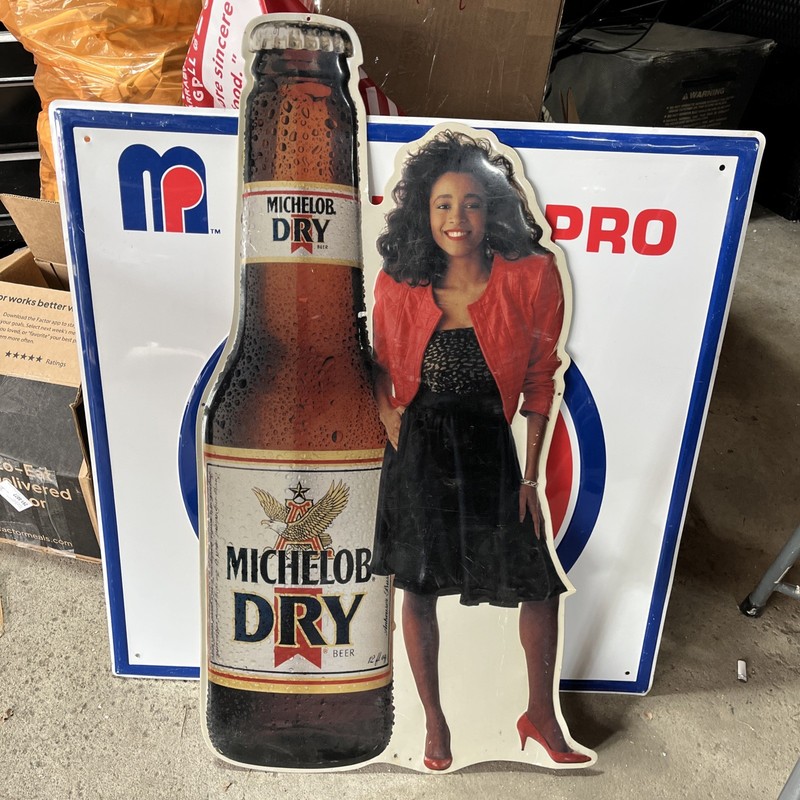 Vintage 1980's Michelob Dry Beer Bottle w/ Lady Model Women Tin Metal Sign 35x19