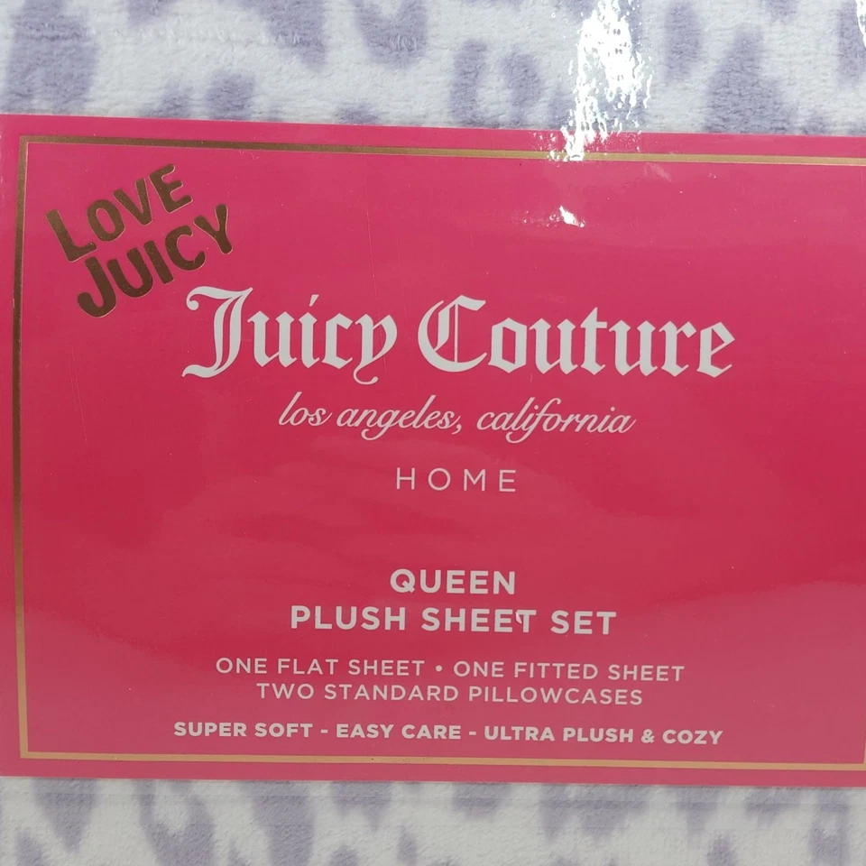 Juicy Couture Queen Plush Sheet Set Ultra Soft Cozy Leopard Print Lavender - Image 4 of 4
