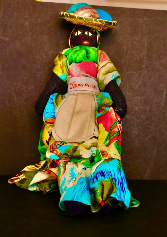Vintage Handmade cloth and straw "Jamaican souvenir Doll, 10x8x6"On a stand