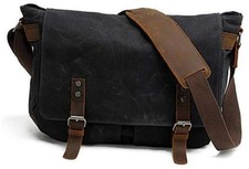 Mens Messenger Bag, Vintage Genuine Leather Waxed Canvas Shoulder Bag Black