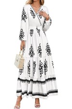 Women's Flowy Elegant White With Black Dress, Long Sleeves, V-Neck , XL 16/18