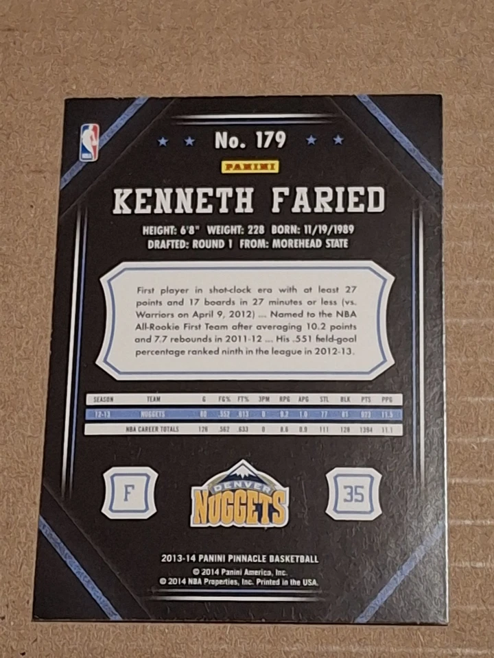 2013 KENNETH FARIED PANINI PINNACLE ARTIST'S PROOF NBA CARD #179 MANIMAL NUGGETS - Image 2 of 2
