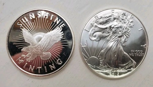 .999 Fine Silver Round 1 oz - 1 oz Sunshine Mint Coin & 1oz Walking Liberty 2015