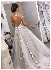 Elegant Wedding Dresses Applique Illusion Tulle Backless A Line Bride Gowns