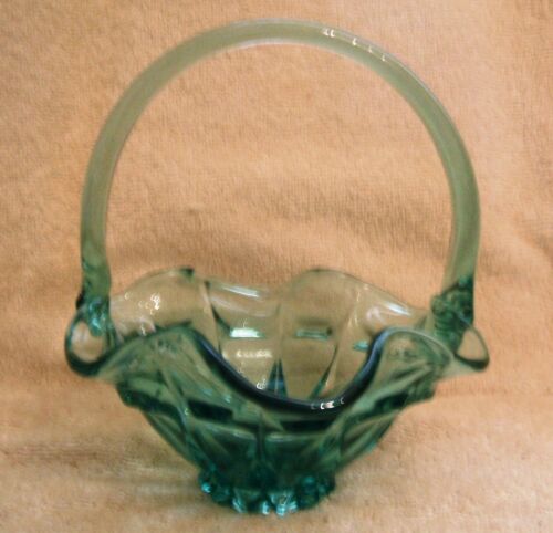Vintage Fenton Blue Green Glass Basket Diamond Point Base 6 1/2 Inches Tall