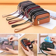 Genuine Leather Mini Wristlet Wallet for Women, 3 Zipped Coin Purse Small Pouch