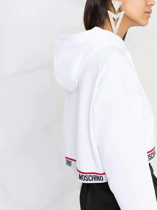 Felpa con cappuccio Moschino donna bianca logo nastro ritagliato taglia M UK 12