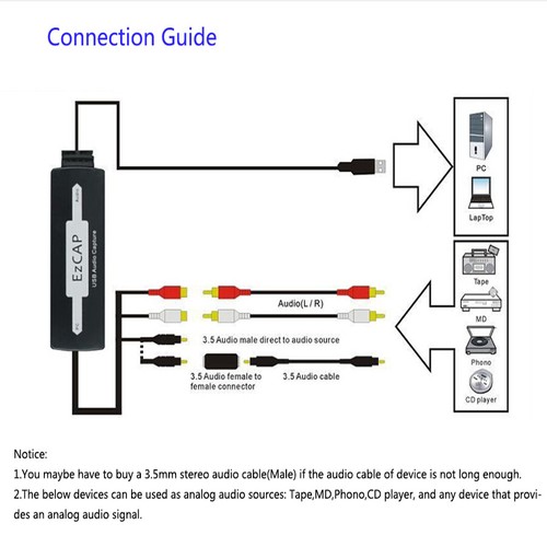USB Audio Capture Card Recorder RCA/3.5 Vinyl Cassette to MP3 Converter Adapter - Picture 3 of 8