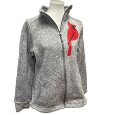 Hand Printed Upcycled Womens Large Red Cardinal Bird Polyester Full Zip Hoodie