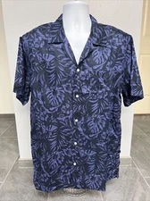 Men’s XL Blue Tropica Print Linen Blend Shirt Short Sleeve Beach Aloha Hawaiian