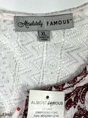Almost Famous Top Women's XL New W/ Tags Embroidered Yoke Lace Floral Blouse - Picture 4 of 11