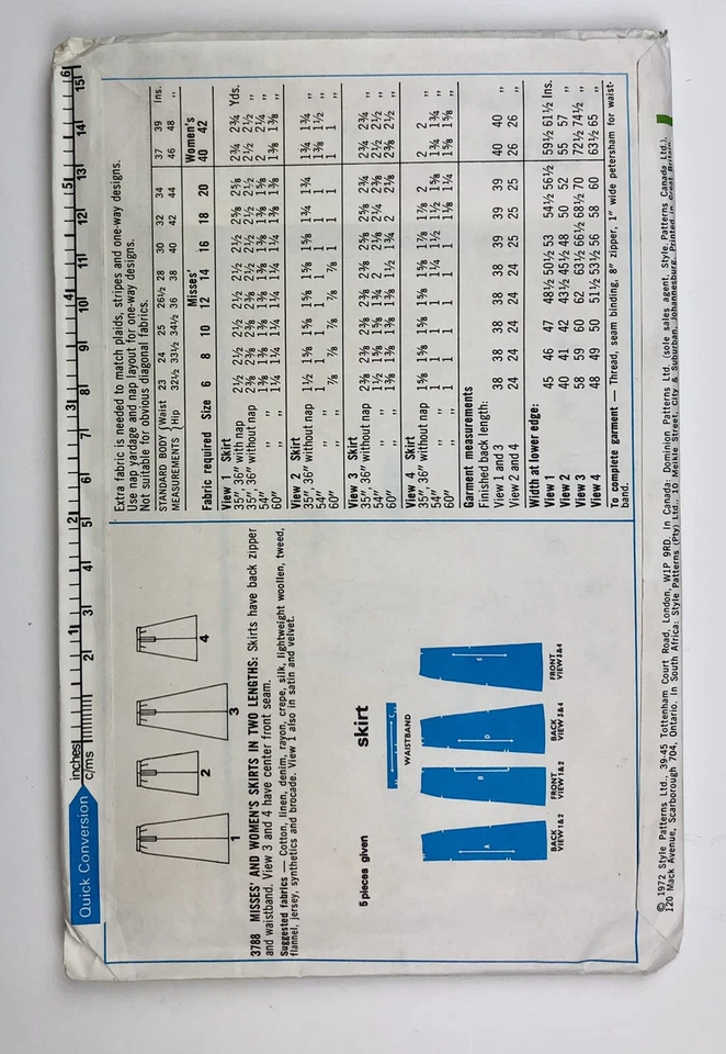 Uncut Vintage Sewing pattern Style 3788 Misses Set of Skirts Waist 30"circa 1972 - Image 2 of 4