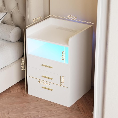 Bedside Table 3 Drawers Wooden, Chest of Drawers with Shelf, LED Nightstand with - Picture 2 of 8