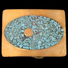 Solid Brass  Turquoise Hippie Western 1970s Vintage Belt Buckle by BTS