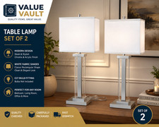 Modern Chrome & Acrylic Table Lamps with White Fabric Shades – Set of 2