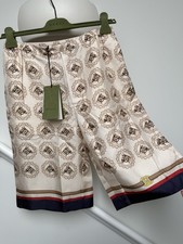 Men’s Gucci 100% Silk Short Pant Size IT 44 XS Horse Gg Belt Print Ivory