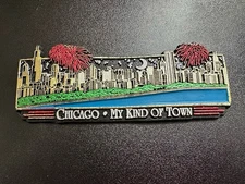 Chicago, IL Rubber Magnet Vintage 4” Night Cityscape Fireworks River