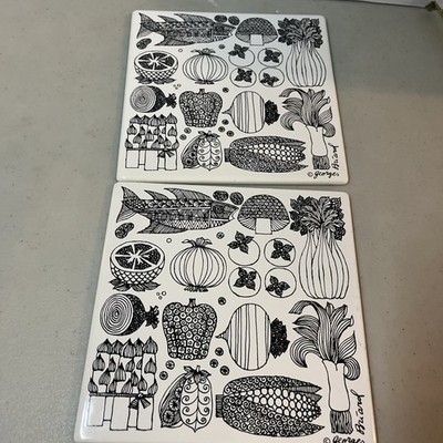 Georges Briard Mushroom Veggies Enamel Metal Tile Trivet 6x6'' Coasters MCM Lot 2