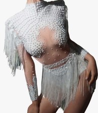 CELESINYI White Pearl Rhinestone Fringe Bodysuit One Size Stage Dance Costume