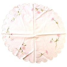 Vintage White Round Table Topper 21 Pink Floral Embroidery Scalloped Edge Granny