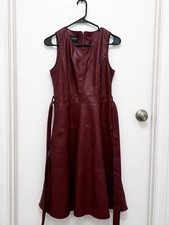 FASHION Burgundy Faux Leather Sleeveless Belted Midi Dress Women Size M
