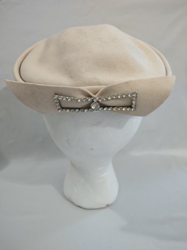 Vintage Glenover Henry Pollak Pillbox Hat Cream 100% Wool Rhinestone Bow Wedding