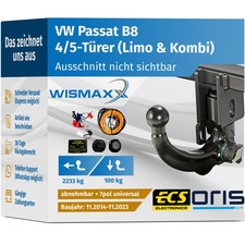 ANHÄNGERKUPPLUNG für VW Passat B8 ab 14 vert. abnehmbar ORIS +7pol E-Satz ABE