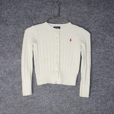 Polo Ralph Lauren Cardigan Girls 6 White Cable Knit Cotton Sweater Pony Logo