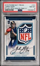 JARED GOFF '16 NATIONAL TREASURES PLATINUM 1/1 ROOKIE NFL SHIELD PATCH AUTO PSA