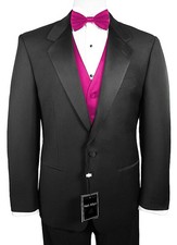 Sizes 34-64 Reg. 6-Piece Tuxedo Package w/Flat Front Pants, Fuchsia Vest/Bow-Tie