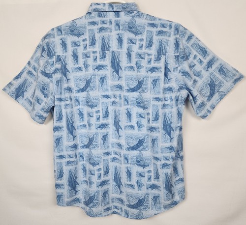 HUK Fishing Shirt Mens L Short Sleeve Button Up Marlin Tuna Blue Hawaiian Fish - Picture 2 of 11