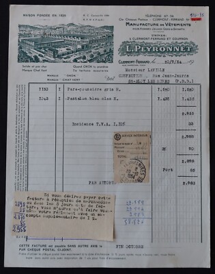 Billhead Rechnung CLERMONT-FERRAND 1954 Kleidung PEYRONNET OKOK Kopf 137