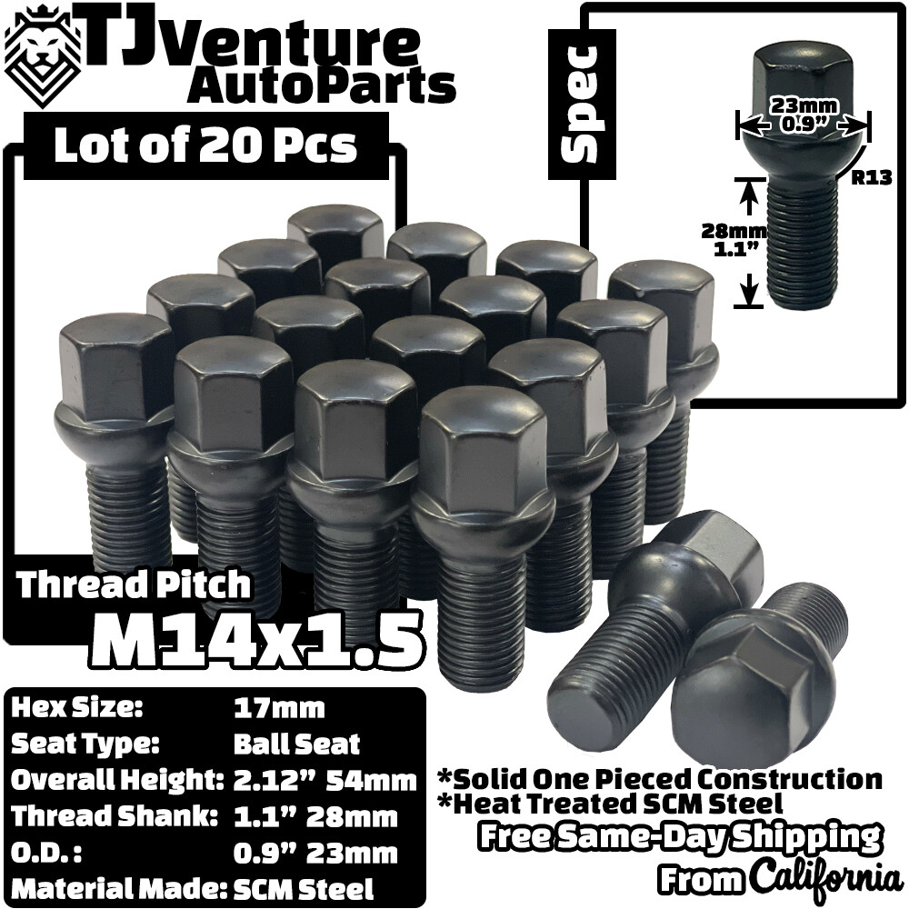 20Pc Black 14x1.5 Ball Seat Wheel Lug Bolt 28mm Shank Fit Volkswagen