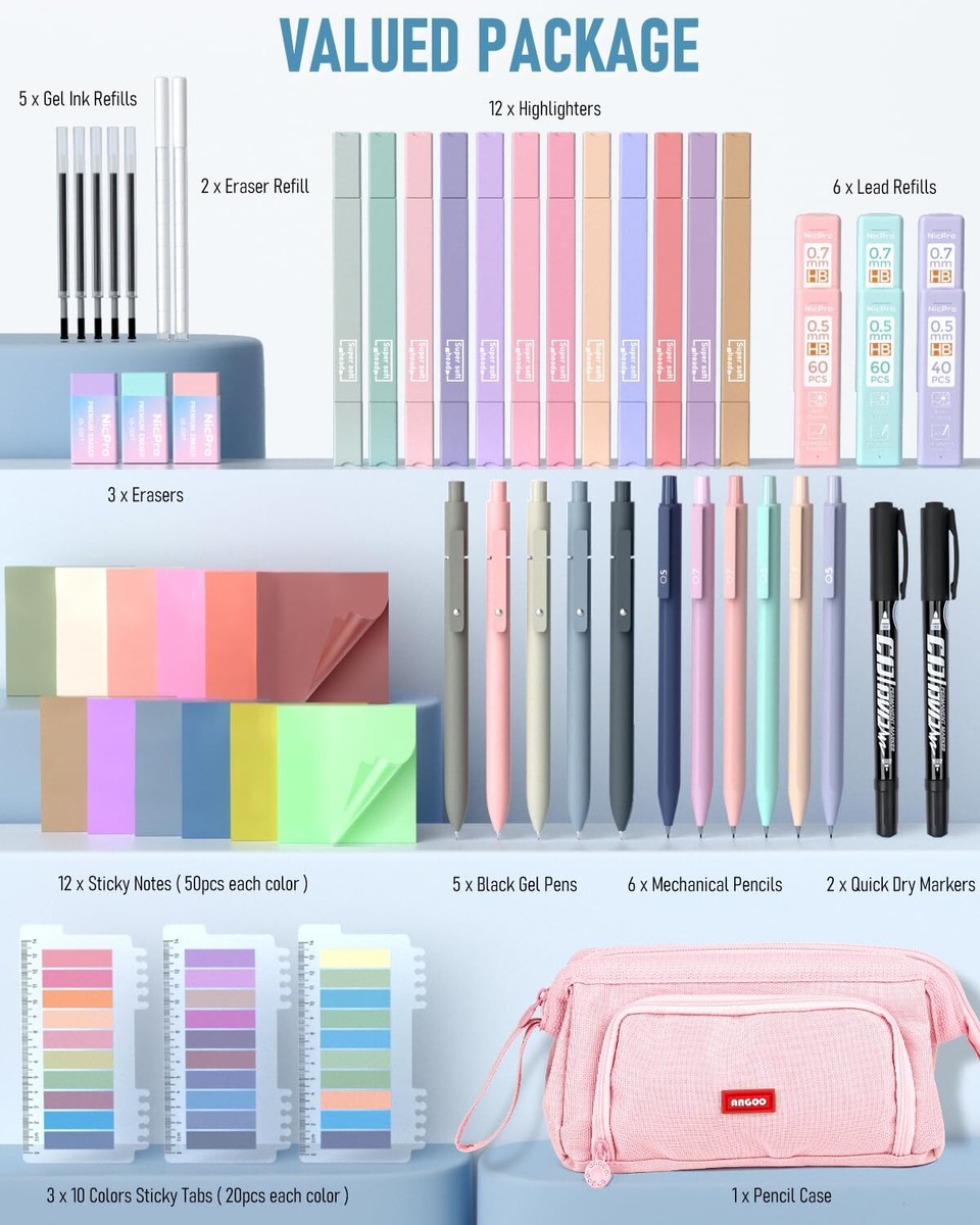Nicpro 84 PCS Book Annotation Kit - Highlighters, Gel Pens, Sticky Notes & Pencil Case