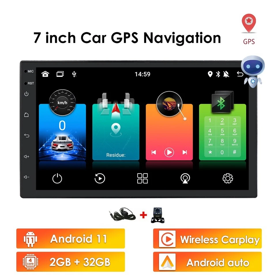 Backup Camera &GPS Double 2Din 7" Car Stereo Radio Carplay Player WiFi Bluetooth - Image 2 of 4