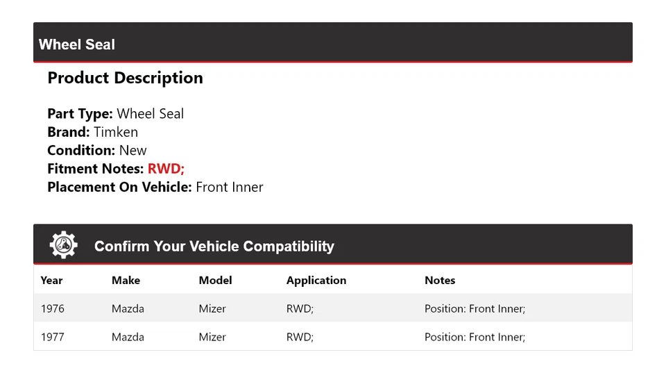 Sello de rueda interior delantero Timken para Mazda Mizer 1976-1977 tracción trasera Foto 2 de 4