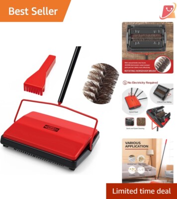 Carpet Sweeper Manual Horsehair Dual Roller Non Electric Rug Cleaner