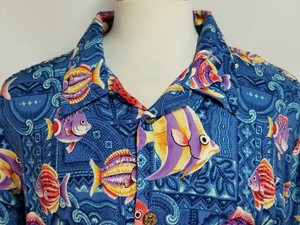 Joe-Kealohas-Mens-sz-2XL-Blue-Red-Tropical-Fish-Rayon-Hawaiian-Shirt