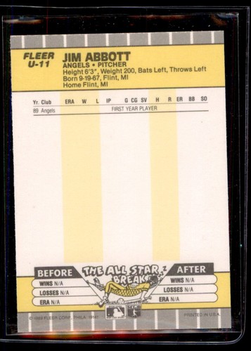 1989 Fleer Update #11 Jim Abbott RC - Picture 2 of 2