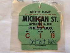 VINTAGE 1983 MICHIGAN STATE VS. NOTRE DAME FOOTBALL PRESS BOX PASS  SEP 17, 1983