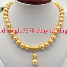Natural 12mm Yellow South Sea Shell Pearl Round Beads Pendant Necklace 14-30'' 