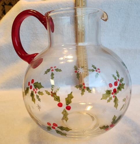 Studio Nova Red Trim & Holly 66oz 7" Glass Christmas Pitcher See Pics - Picture 3 of 7