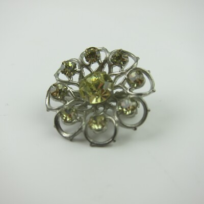 Vintage Flower Brooch Pin Silver Tone Open Loop Petals & Green Rhinestones